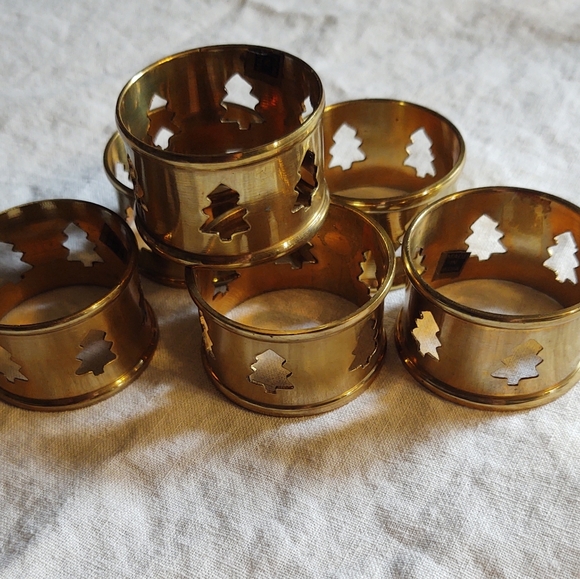 Six Vintage gold Christmas Fur Tree napkin rings